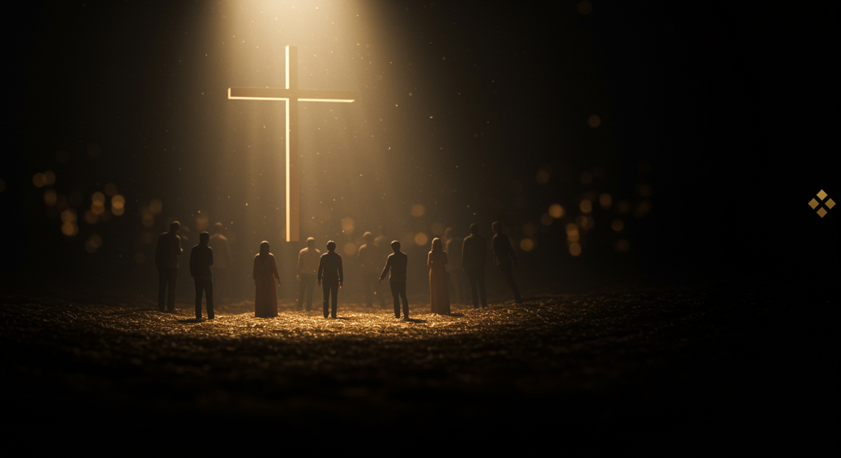 Community gathered around the cross